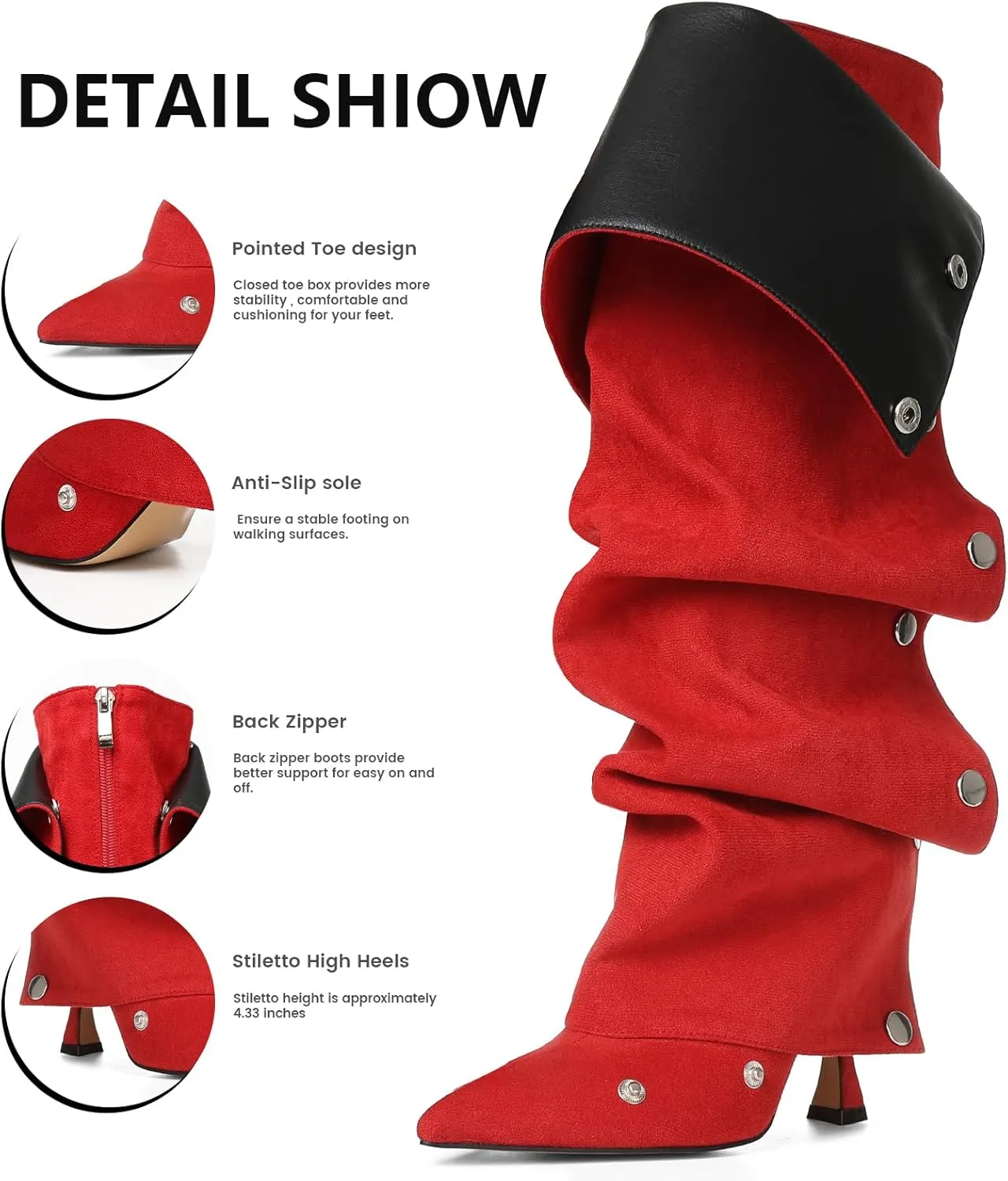 VOMIRA Women's Knee High Boots Stiletto Boots Pointed Toe High Heels Wide Calf Ruched Slouchy Boots Detachable Snap-off Panel Mid Calf Boots Black Boots