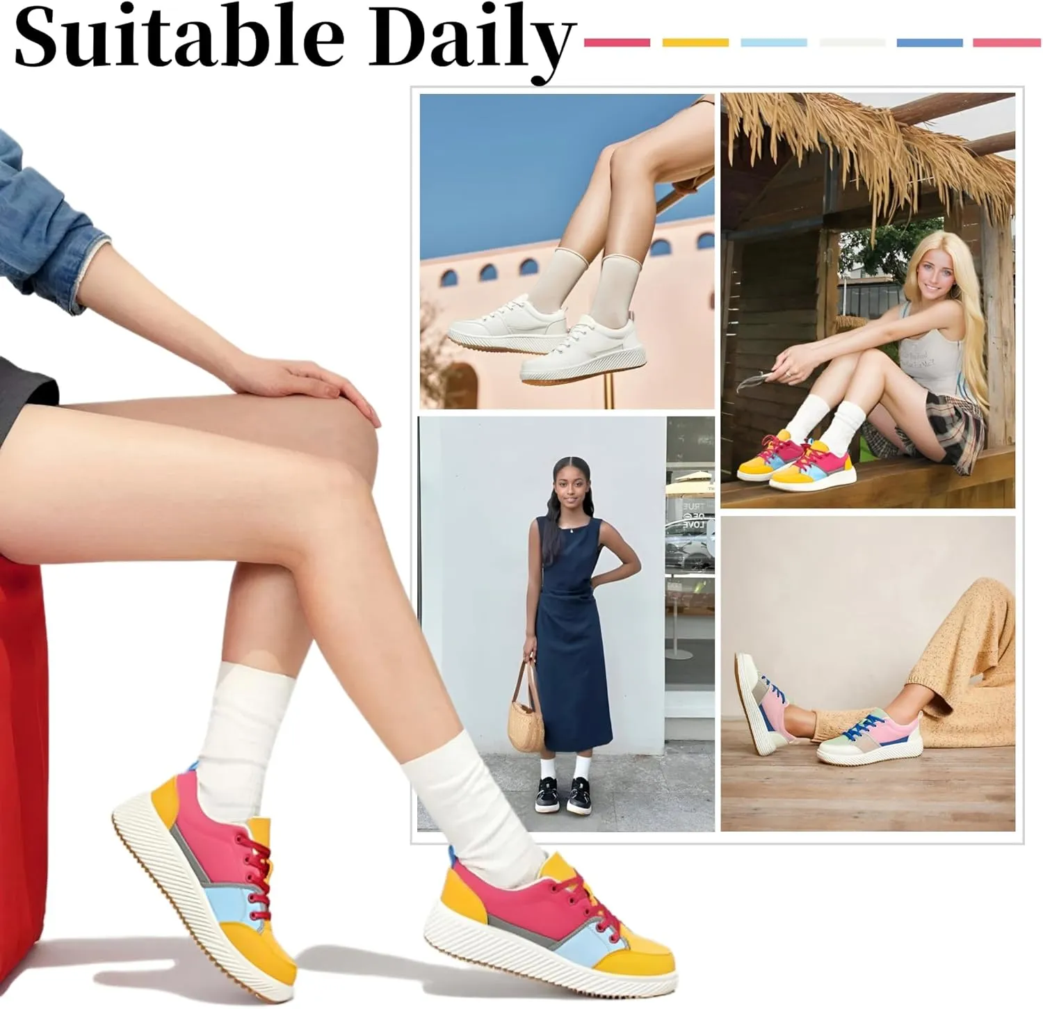 VZQ Women's Fashion Sneakers Lace Up Canvas Platform Shoes Casual Comfortable Low Top Skate Shoe for Walking