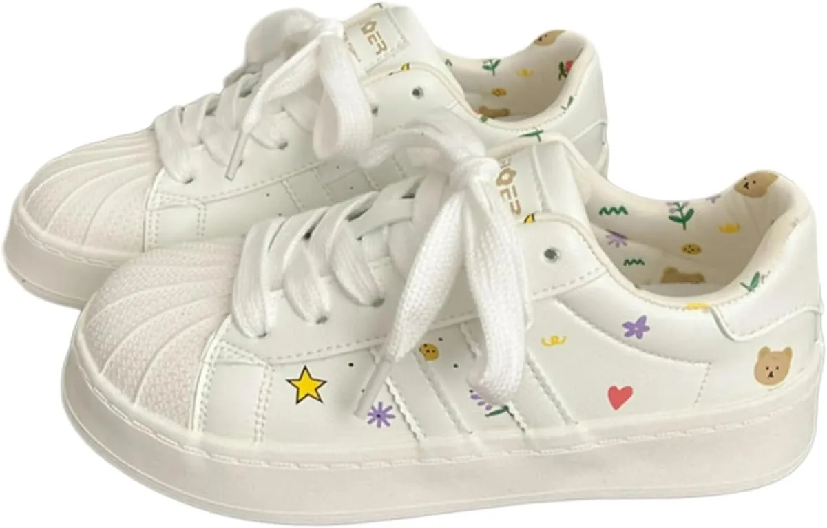 Walking Cute Sneakers for Women Shell Toe Lace Up Regular & Upgraded Versions Rubber Thick Sole Height Increase Walking Shoes