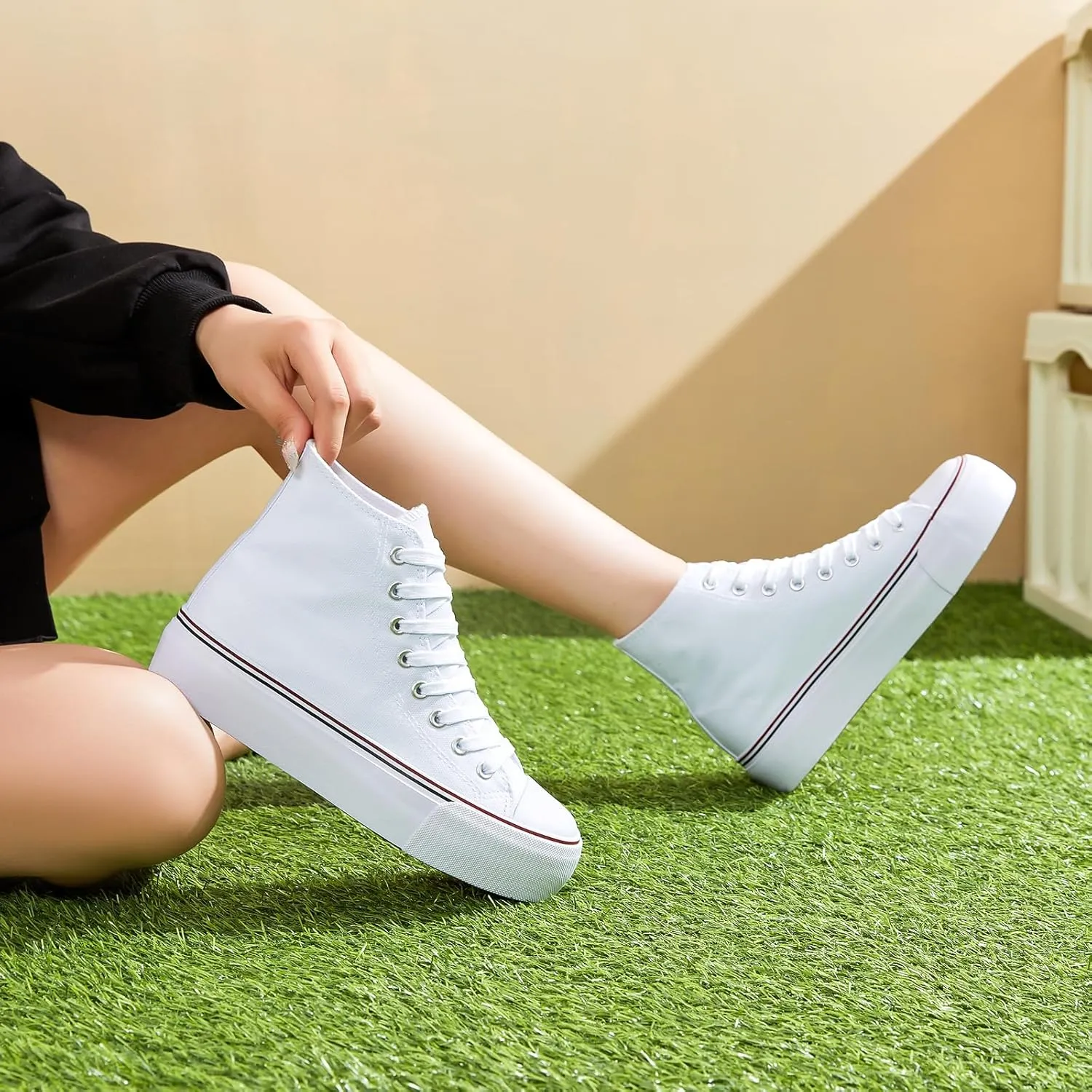 Waluzs Platform Sneakers for Women Womens Fashion High Top Sneakers Women's Canvas Platform Shoes Casual Lace Up Tennis Shoes