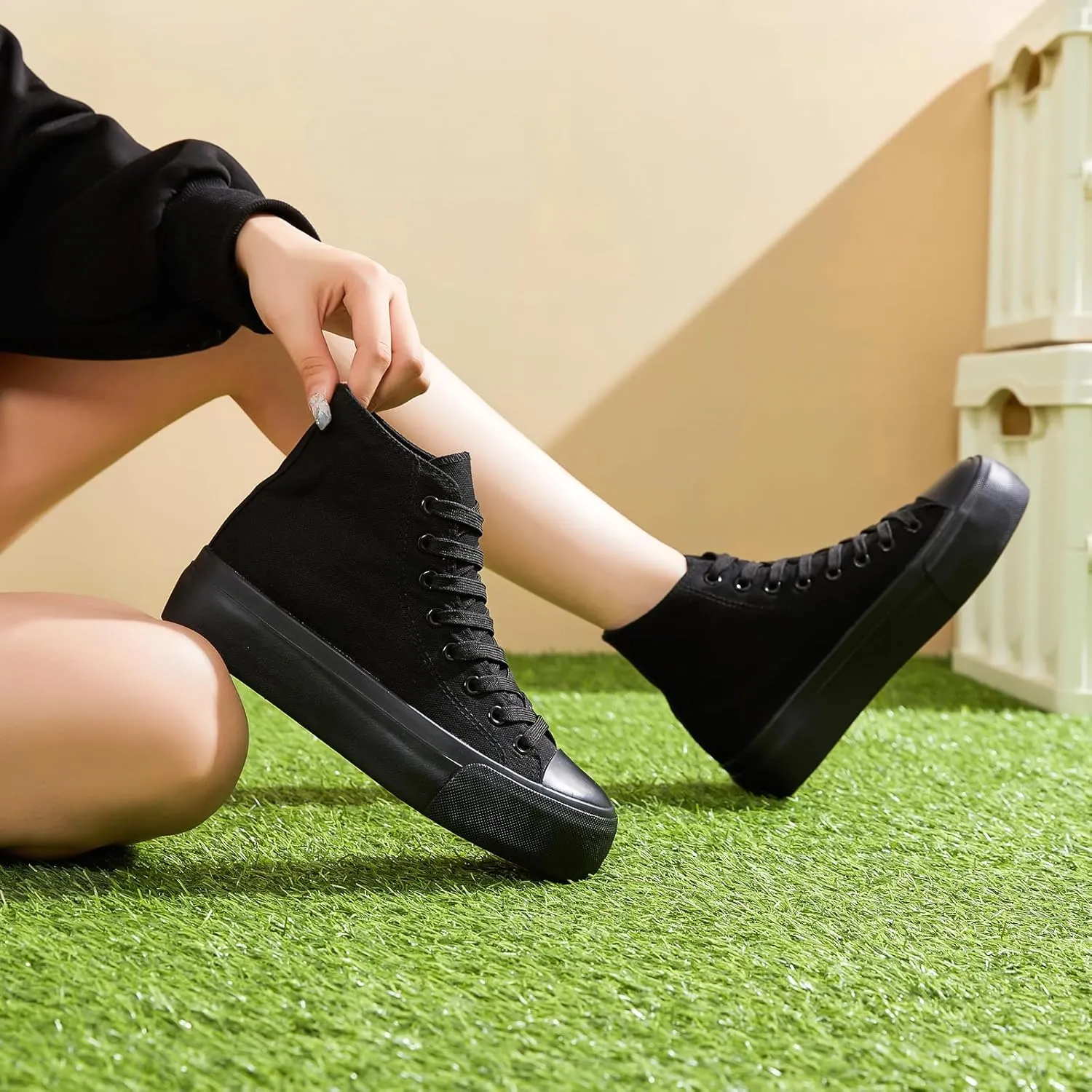 Waluzs Platform Sneakers for Women Womens Fashion High Top Sneakers Women's Canvas Platform Shoes Casual Lace Up Tennis Shoes