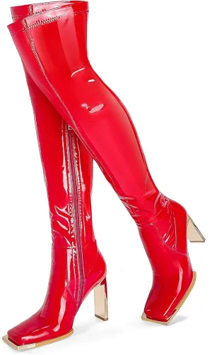 Wavyvigs Women Wide Calf Thigh High Latex Stretch Boots Square Toe Over The Knee Boots Block High Heel Long Boots