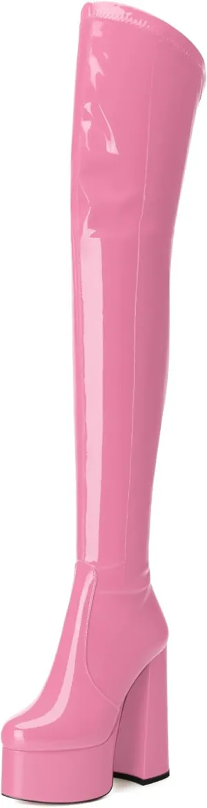 WAYDERNS Over the Knee Boots for Women Patent Leather Platform Block High Heel Round Toe 5.9 Inch Side Zipper Long Boots Sexy Dating Party Evening Thigh High Boots