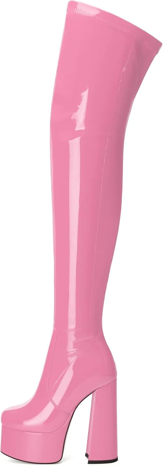WAYDERNS Over the Knee Boots for Women Patent Leather Platform Block High Heel Round Toe 5.9 Inch Side Zipper Long Boots Sexy Dating Party Evening Thigh High Boots