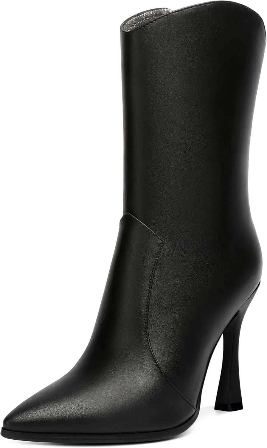 WAYDERNS Womens Business Pointed Toe Sexy Matte Zip Solid Spool High Heel Ankle High Boots 4 Inch
