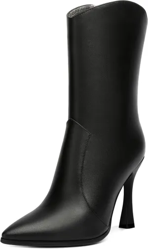 WAYDERNS Womens Business Pointed Toe Sexy Matte Zip Solid Spool High Heel Ankle High Boots 4 Inch