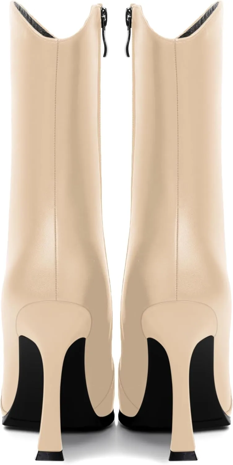 WAYDERNS Womens Business Pointed Toe Sexy Matte Zip Solid Spool High Heel Ankle High Boots 4 Inch
