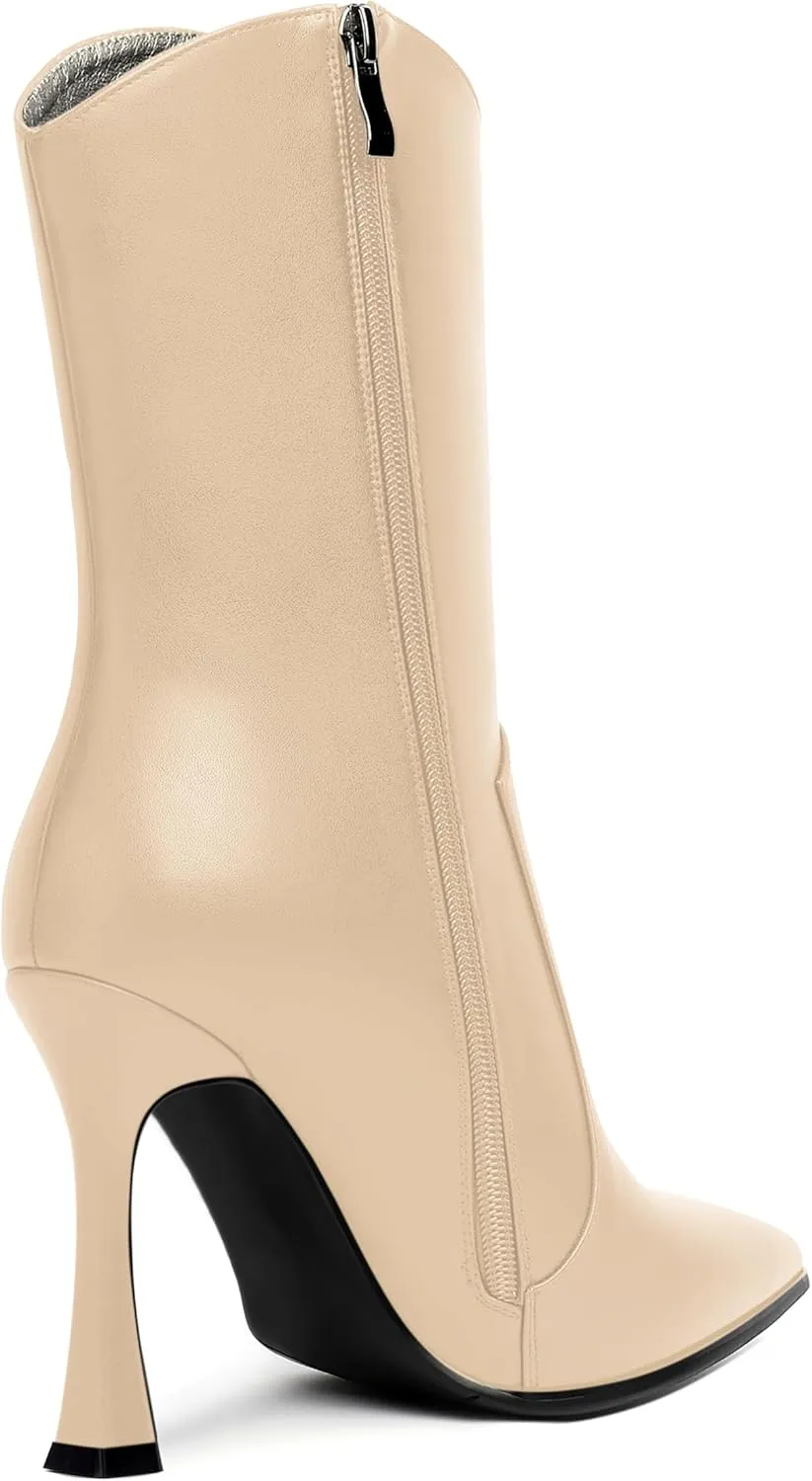 WAYDERNS Womens Business Pointed Toe Sexy Matte Zip Solid Spool High Heel Ankle High Boots 4 Inch