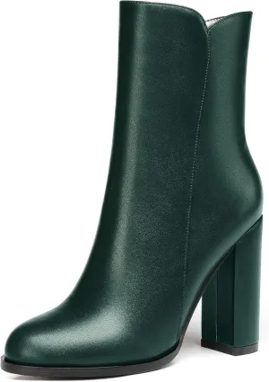 WAYDERNS Women's Matte Round Toe Zipper Leather Block High Heel Ankle High Short Boots 4 Inch