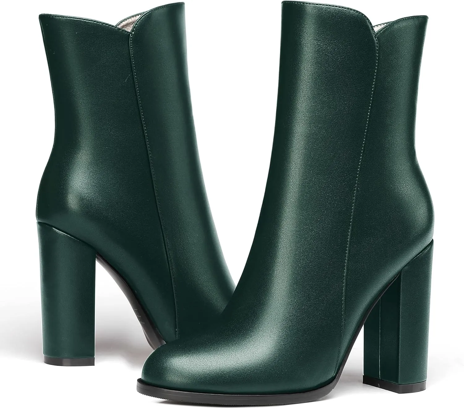 WAYDERNS Women's Matte Round Toe Zipper Leather Block High Heel Ankle High Short Boots 4 Inch