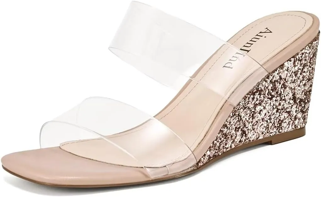 Wedge Sandals for Women Square Open Toe Wedge Heels Clear Two Strap Slip on Sandals Glitter Heels Transparent Slides Shoes
