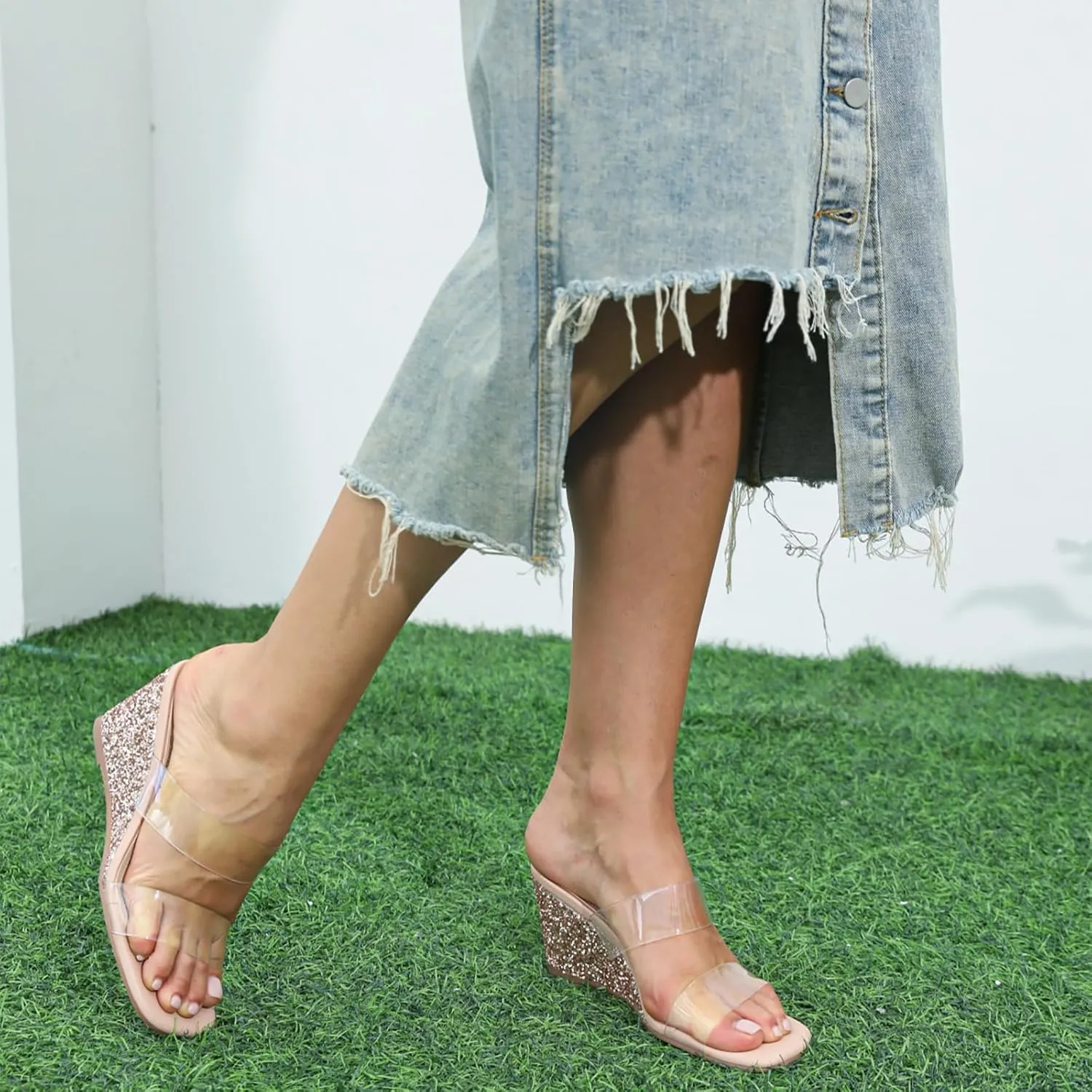 Wedge Sandals for Women Square Open Toe Wedge Heels Clear Two Strap Slip on Sandals Glitter Heels Transparent Slides Shoes