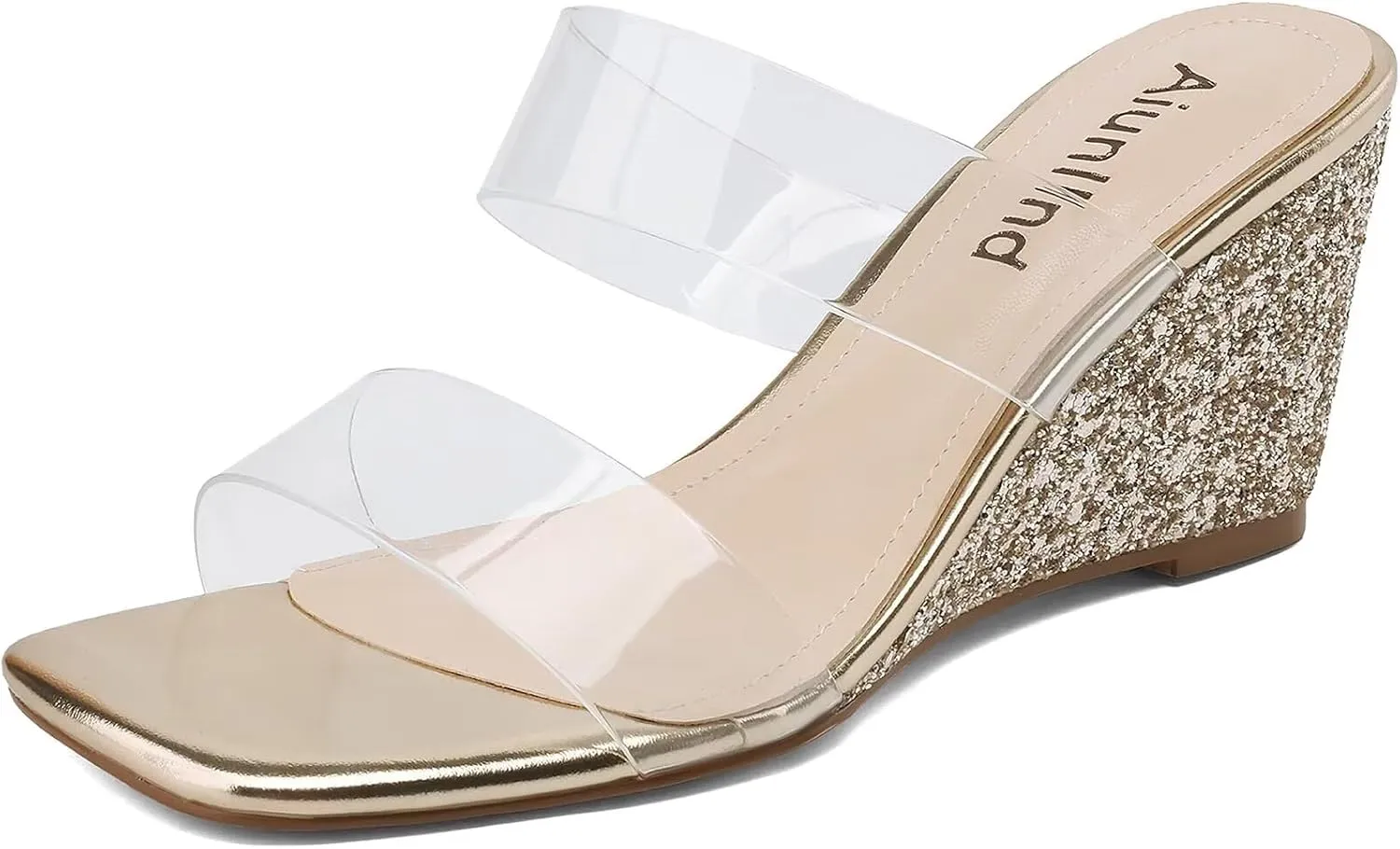 Wedge Sandals for Women Square Open Toe Wedge Heels Clear Two Strap Slip on Sandals Glitter Heels Transparent Slides Shoes