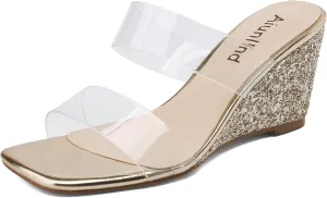 Wedge Sandals for Women Square Open Toe Wedge Heels Clear Two Strap Slip on Sandals Glitter Heels Transparent Slides Shoes