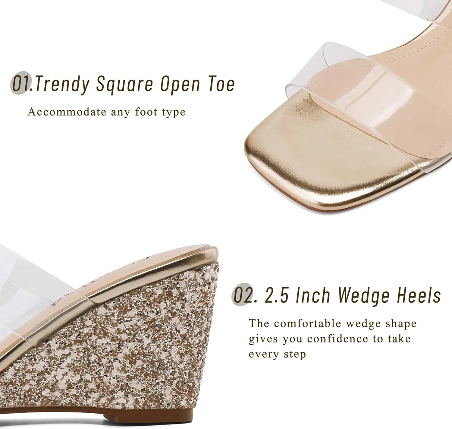 Wedge Sandals for Women Square Open Toe Wedge Heels Clear Two Strap Slip on Sandals Glitter Heels Transparent Slides Shoes