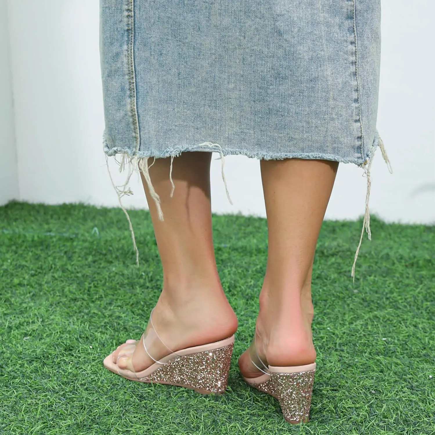 Wedge Sandals for Women Square Open Toe Wedge Heels Clear Two Strap Slip on Sandals Glitter Heels Transparent Slides Shoes