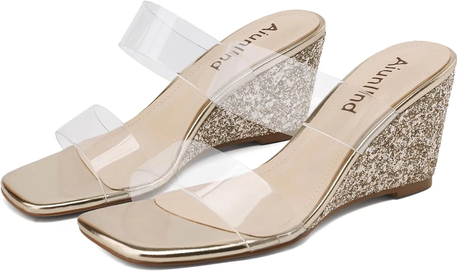 Wedge Sandals for Women Square Open Toe Wedge Heels Clear Two Strap Slip on Sandals Glitter Heels Transparent Slides Shoes