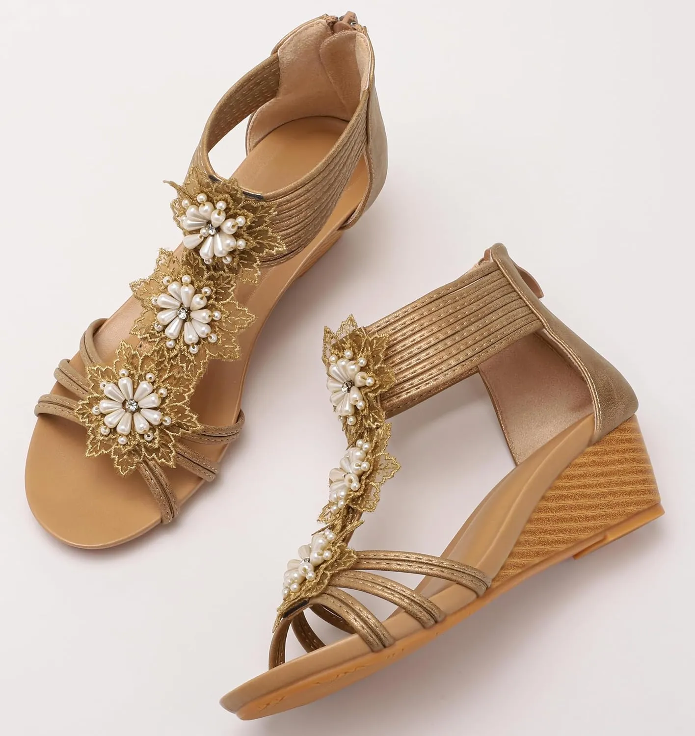 Wedge Sandals for Women Summer Open Toe Fashion Dress Shoes Flower Rhinestone Casual Ankle Strap Platform for Walking Beach Vacation Comfortable Dressy Sandals