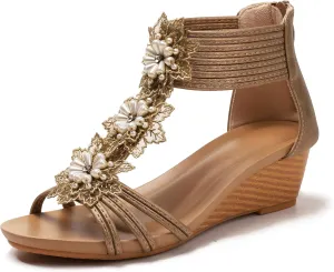 Wedge Sandals for Women Summer Open Toe Fashion Dress Shoes Flower Rhinestone Casual Ankle Strap Platform for Walking Beach Vacation Comfortable Dressy Sandals