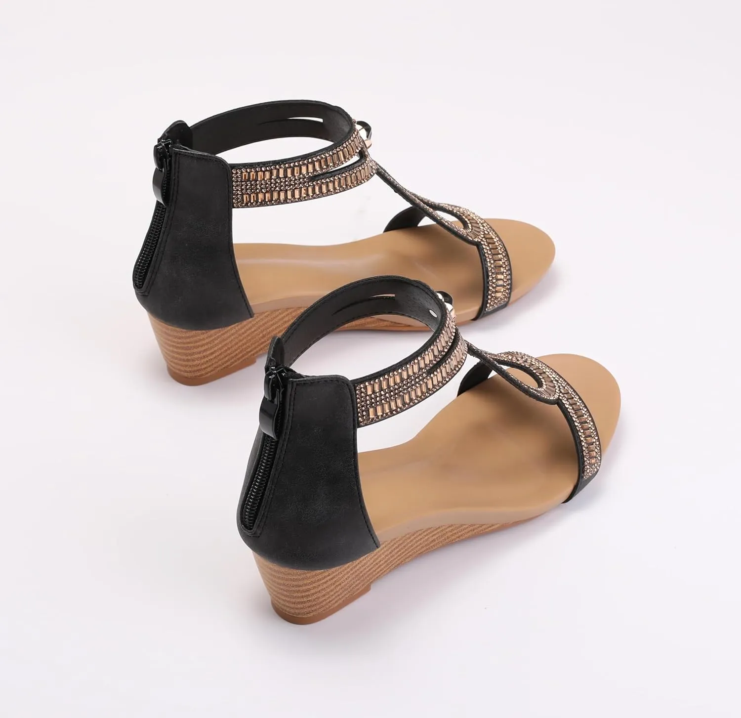 Wedge Sandals for Women Summer Open Toe Fashion Dress Shoes Sparkly Rhinestone Casual Ankle Strap Platform for Walking Beach Vacation Comfortable Dressy Sandals