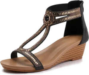 Wedge Sandals for Women Summer Open Toe Fashion Dress Shoes Sparkly Rhinestone Casual Ankle Strap Platform for Walking Beach Vacation Comfortable Dressy Sandals