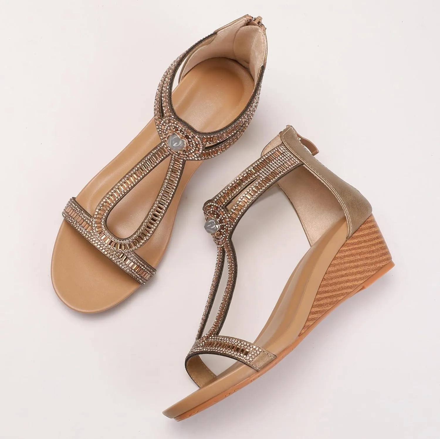 Wedge Sandals for Women Summer Open Toe Fashion Dress Shoes Sparkly Rhinestone Casual Ankle Strap Platform for Walking Beach Vacation Comfortable Dressy Sandals