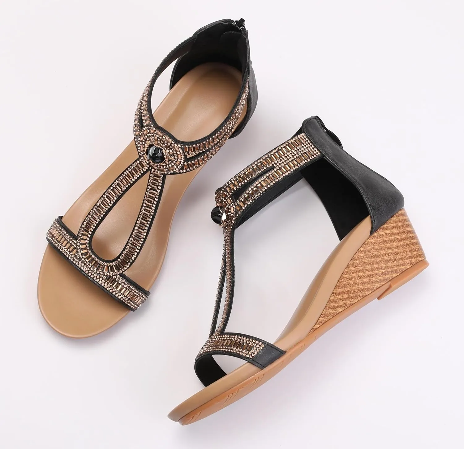 Wedge Sandals for Women Summer Open Toe Fashion Dress Shoes Sparkly Rhinestone Casual Ankle Strap Platform for Walking Beach Vacation Comfortable Dressy Sandals