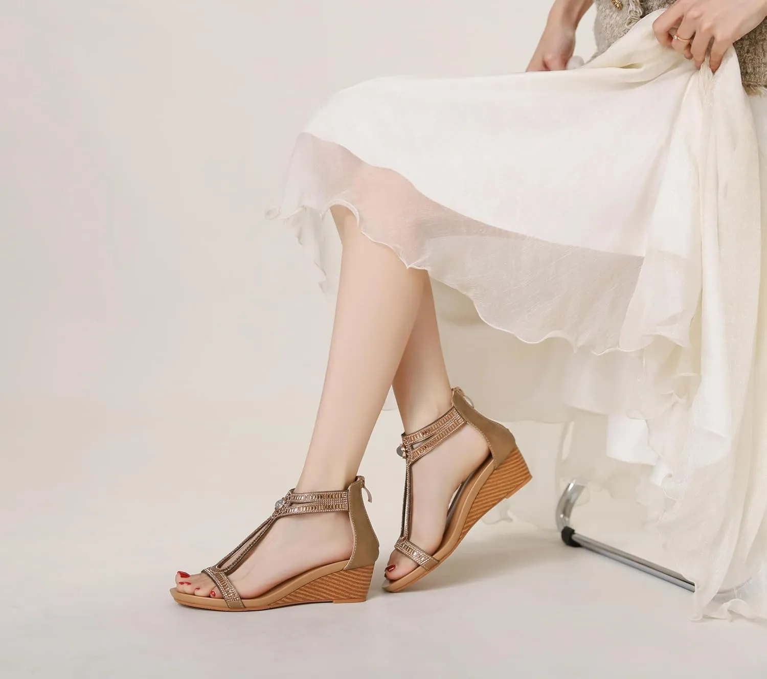 Wedge Sandals for Women Summer Open Toe Fashion Dress Shoes Sparkly Rhinestone Casual Ankle Strap Platform for Walking Beach Vacation Comfortable Dressy Sandals