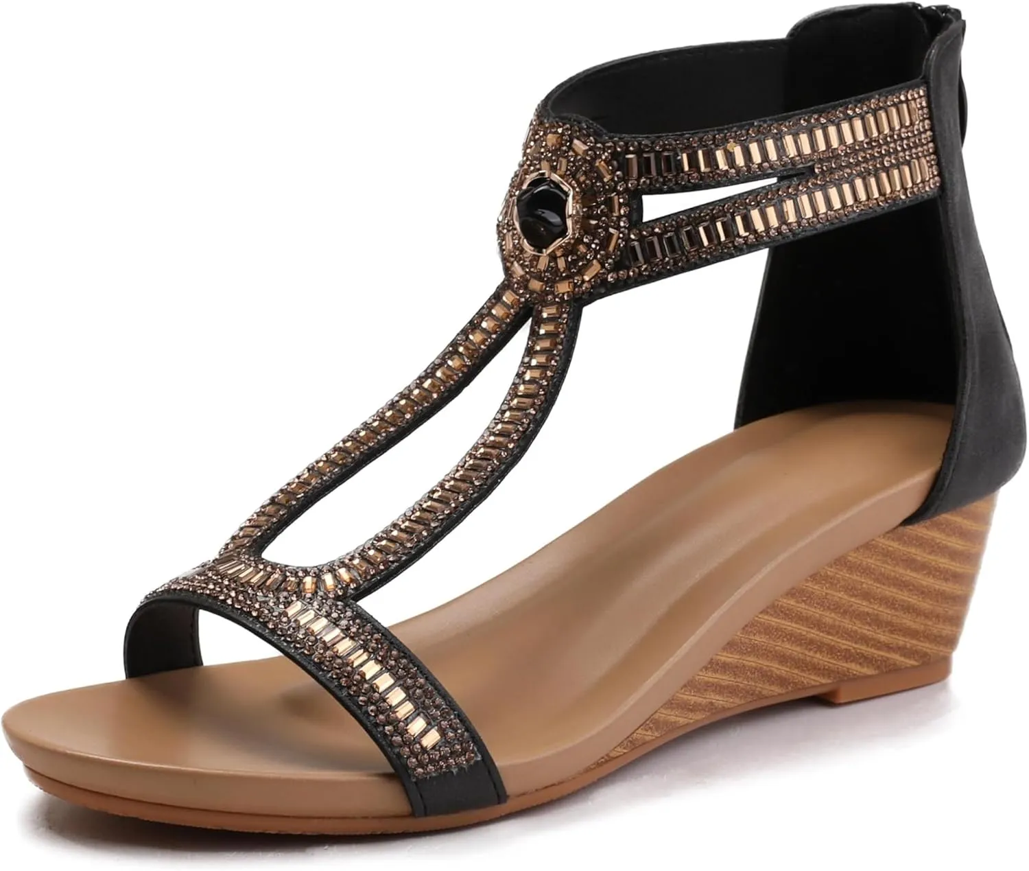 Wedge Sandals for Women Summer Open Toe Fashion Dress Shoes Sparkly Rhinestone Casual Ankle Strap Platform for Walking Beach Vacation Comfortable Dressy Sandals
