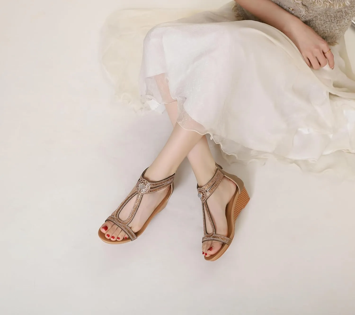 Wedge Sandals for Women Summer Open Toe Fashion Dress Shoes Sparkly Rhinestone Casual Ankle Strap Platform for Walking Beach Vacation Comfortable Dressy Sandals