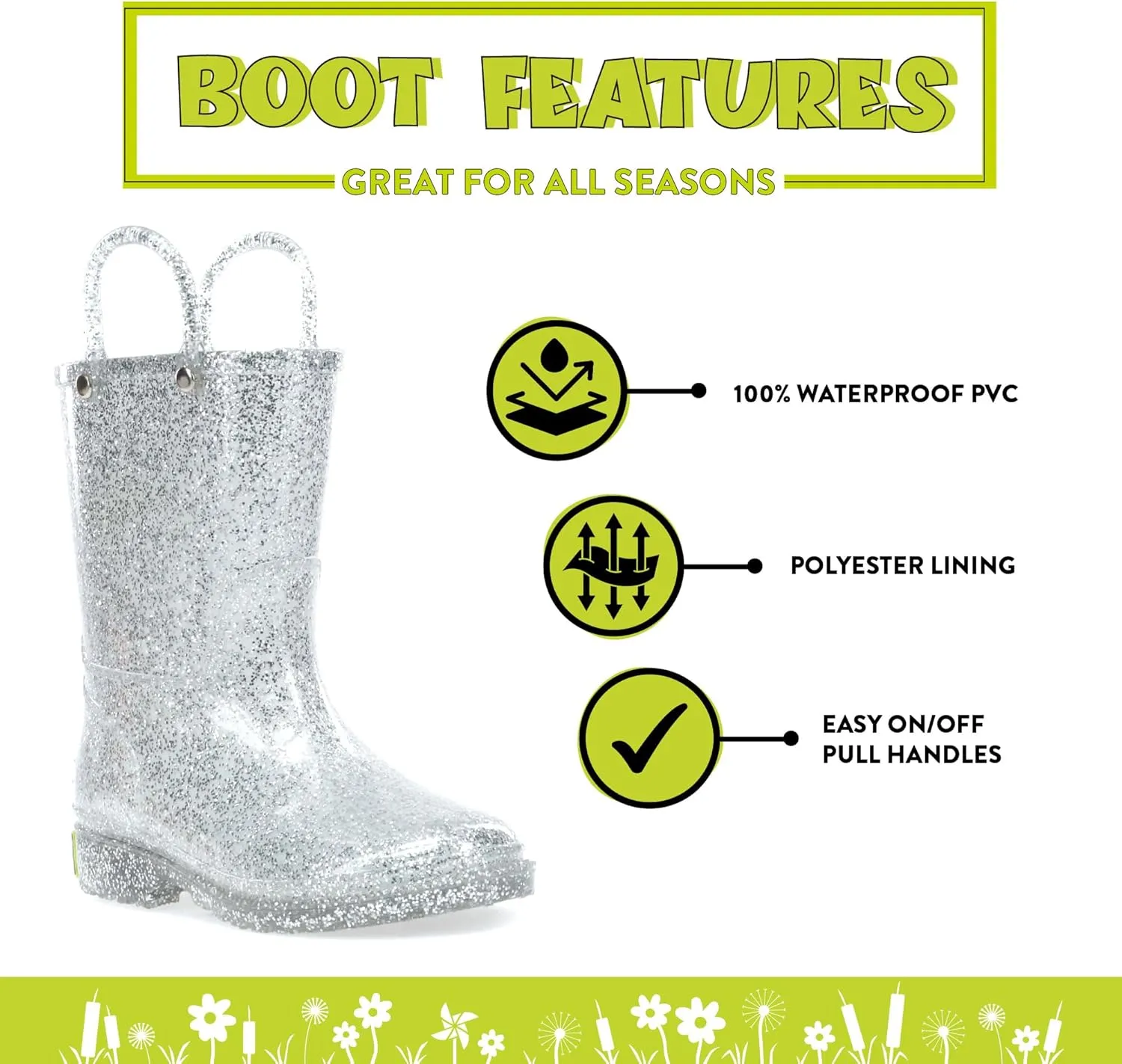 Western Chief Girl's Glitter Waterproof Rain Boot with Easy Pull on Handles, Perfect Lightweight Rain Boots for Kids