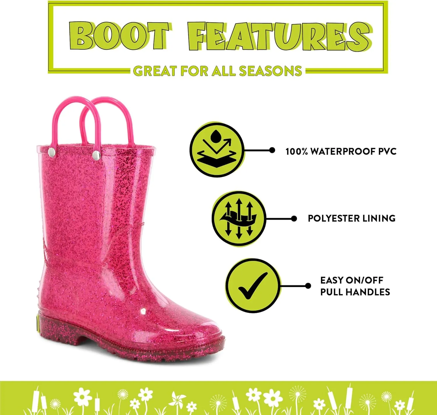 Western Chief Girl's Glitter Waterproof Rain Boot with Easy Pull on Handles, Perfect Lightweight Rain Boots for Kids