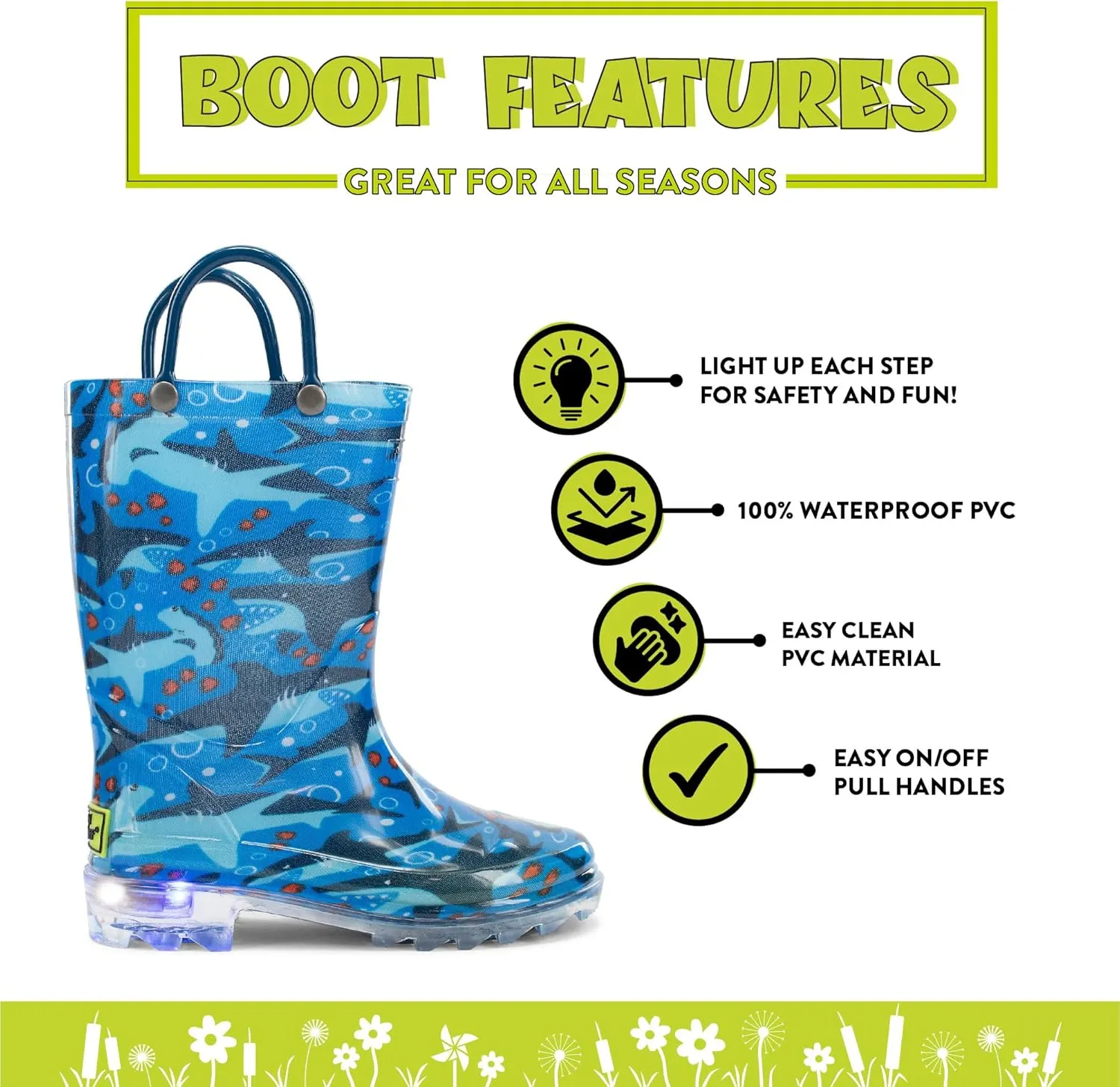 Western Chief Kids Waterproof Light Up Rain Boots With Handles for Easy On and Off for Boys and Girls