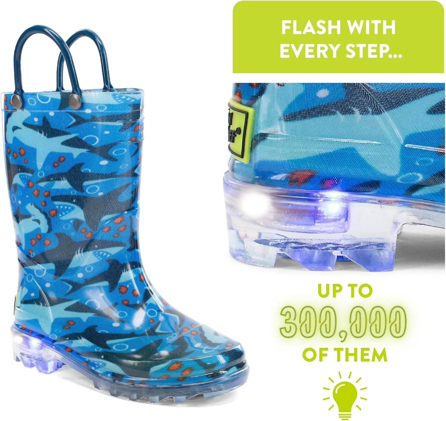 Western Chief Kids Waterproof Light Up Rain Boots With Handles for Easy On and Off for Boys and Girls