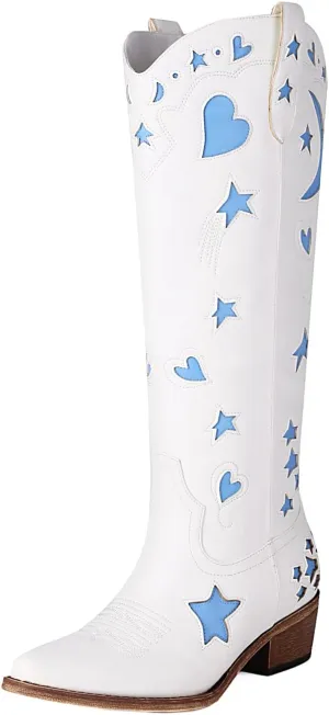 Western Cowboy Boots for Women Knee High, Stars Moon Heart Patterns Low Heel