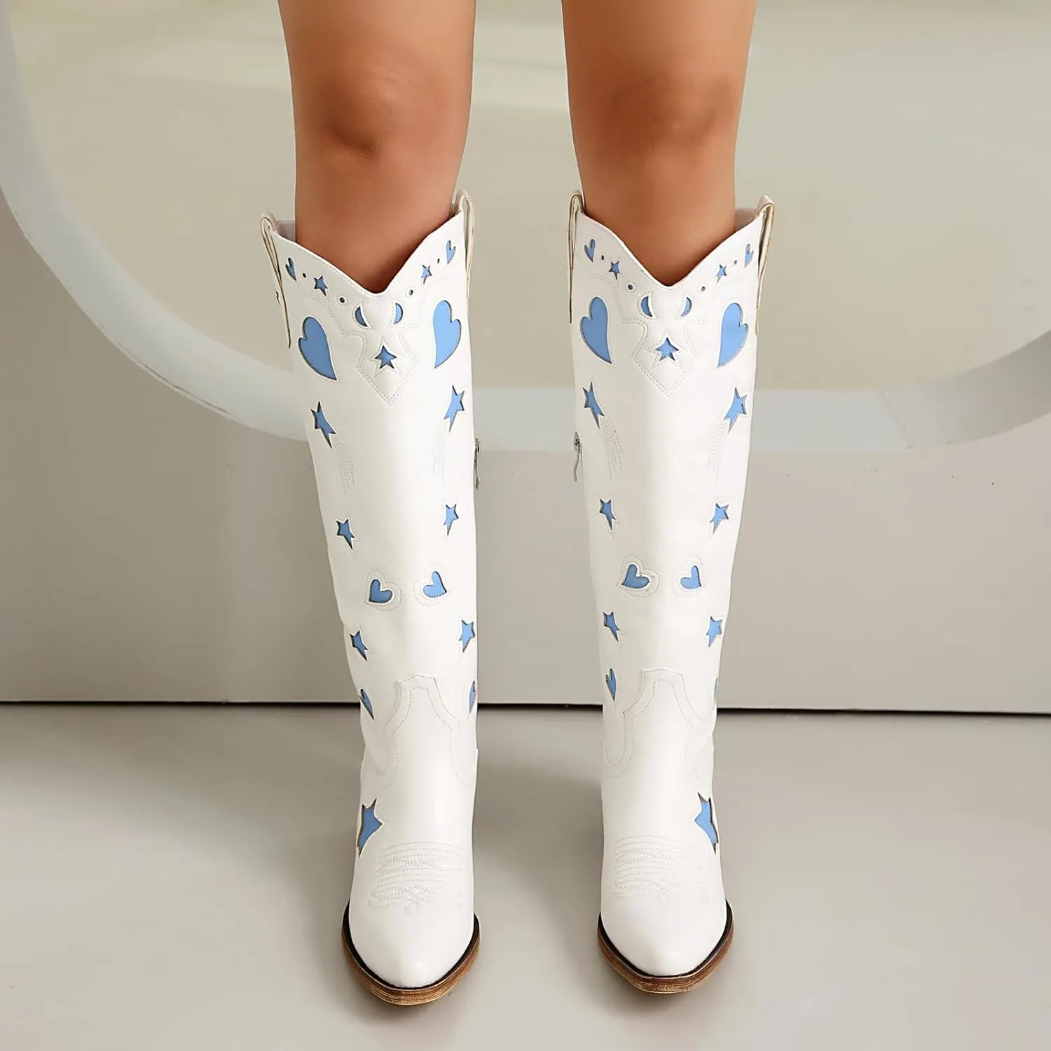 Western Cowboy Boots for Women Knee High, Stars Moon Heart Patterns Low Heel