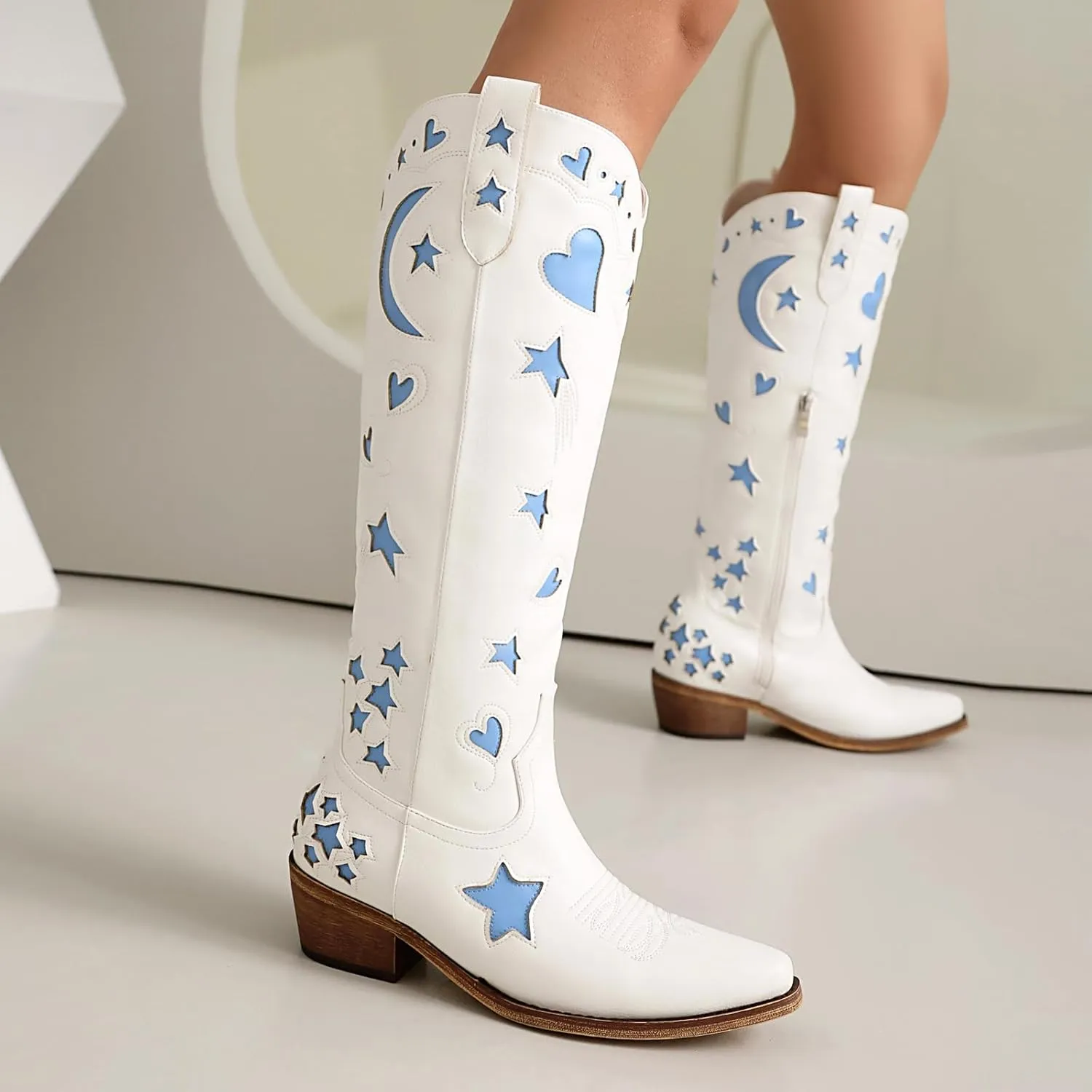Western Cowboy Boots for Women Knee High, Stars Moon Heart Patterns Low Heel