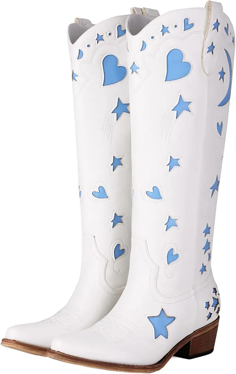 Western Cowboy Boots for Women Knee High, Stars Moon Heart Patterns Low Heel