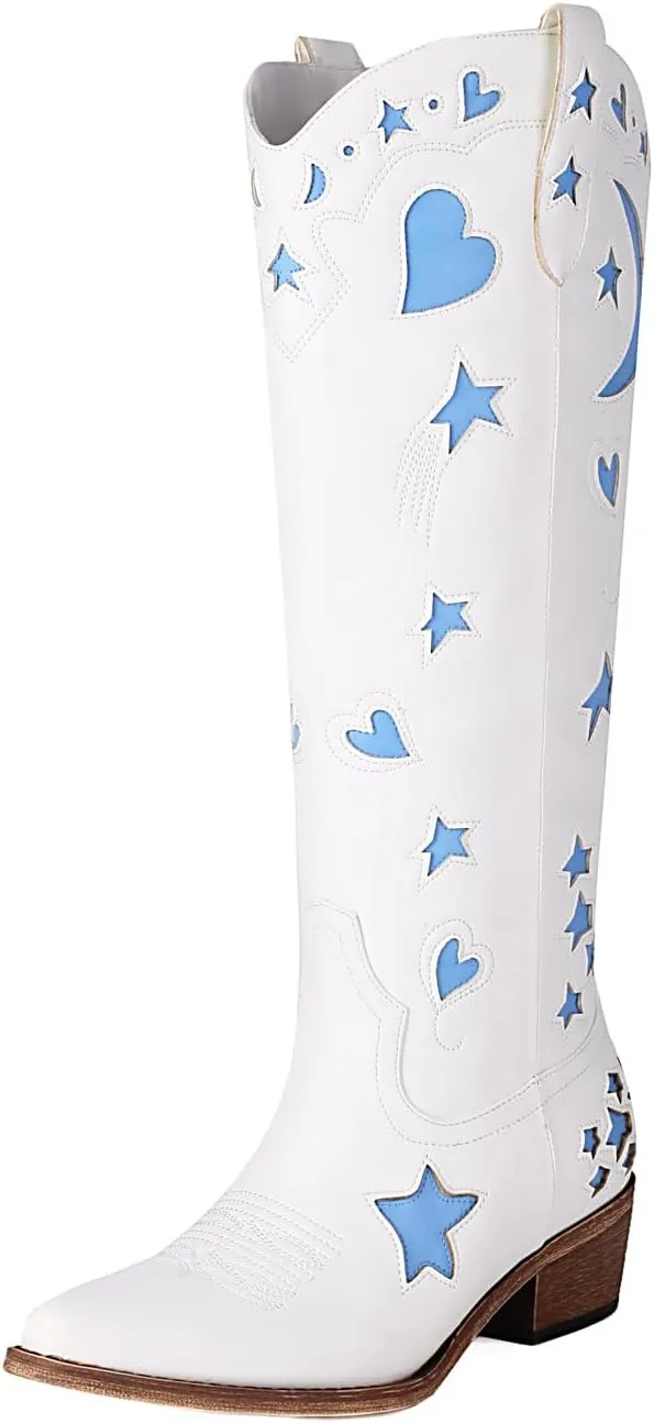 Western Cowboy Boots for Women Knee High, Stars Moon Heart Patterns Low Heel