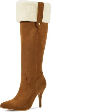wetkiss Knee High Boots Women Pointed Toe Tall Boots Stiletto High Heels Faux Suede Fully Fur Lined Warm Winter Comfort Snow Long Boot with Side Zipper
