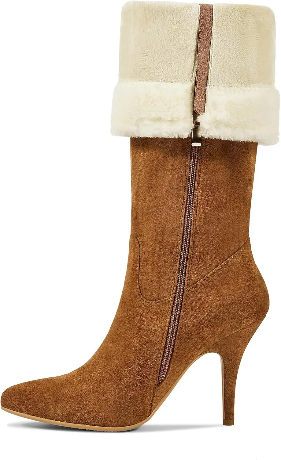 wetkiss Knee High Boots Women Pointed Toe Tall Boots Stiletto High Heels Faux Suede Fully Fur Lined Warm Winter Comfort Snow Long Boot with Side Zipper