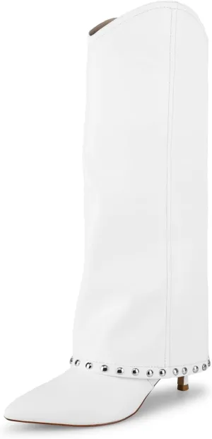 Wetkiss Knee High Fold Over Boots - White Shark Stiletto Toe Tall Thigh High Wide Calf Long Boots