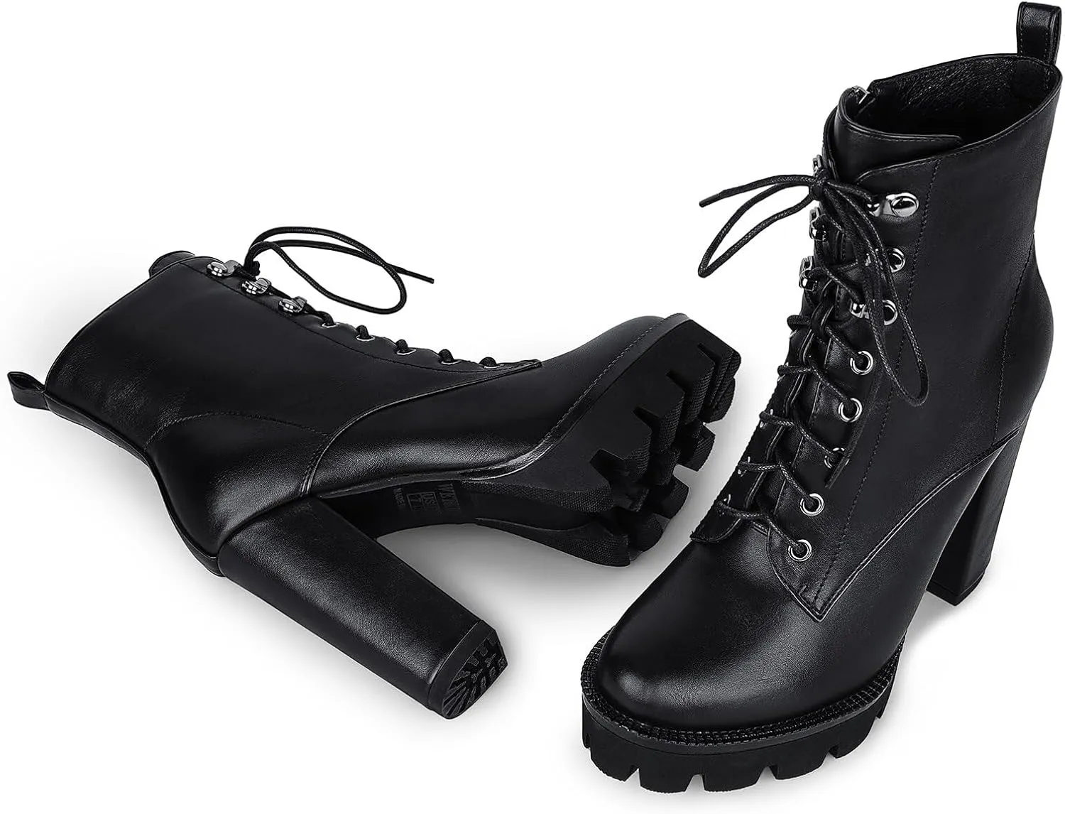 wetkiss Platform Boots for Women, Heeled Combat Boots Chunky Heel Booties Round Toe Lace Up High Heel Ankle Boots