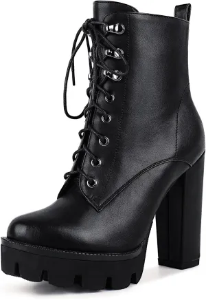 wetkiss Platform Boots for Women, Heeled Combat Boots Chunky Heel Booties Round Toe Lace Up High Heel Ankle Boots