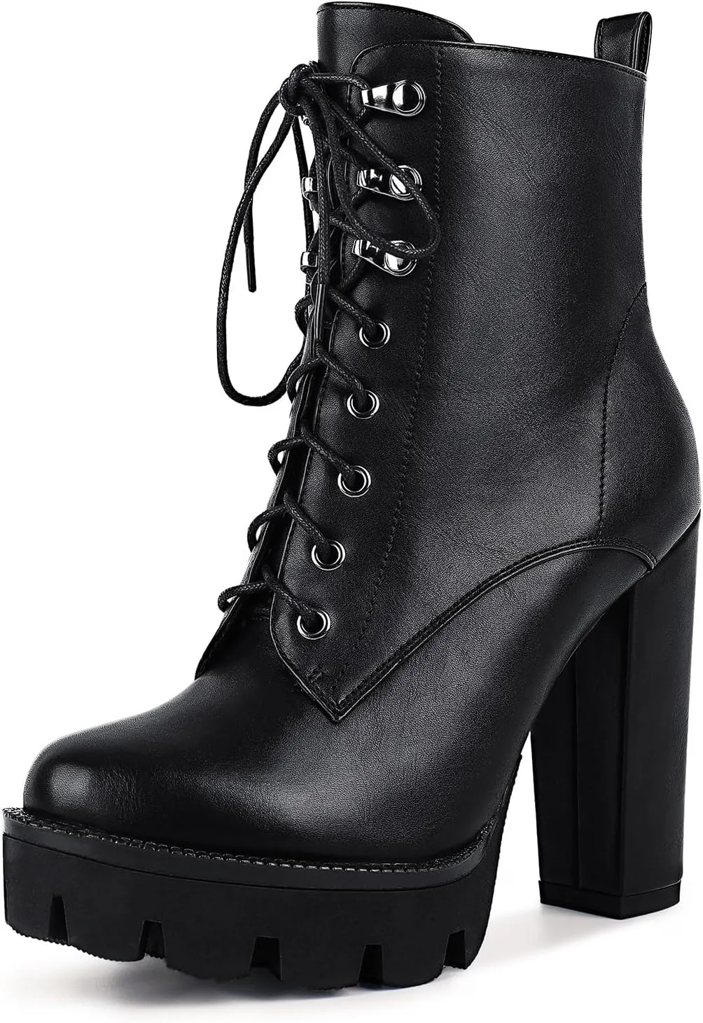wetkiss Platform Boots for Women, Heeled Combat Boots Chunky Heel Booties Round Toe Lace Up High Heel Ankle Boots