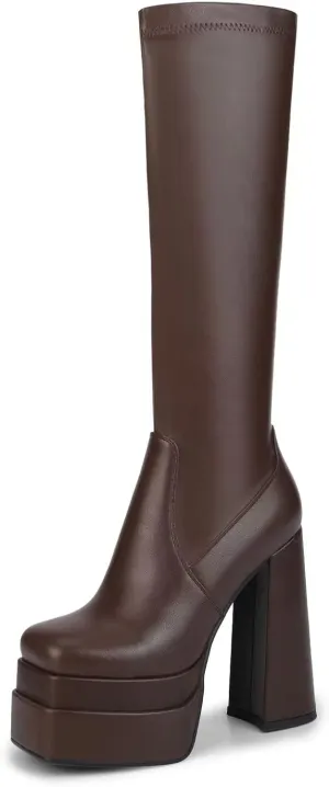 wetkiss Platform Knee High Boots Women Chunky High Heel Black Boots for Women Gogo Boot with Side Zipper Stretchy Boot Not for Bigger Wide Calf