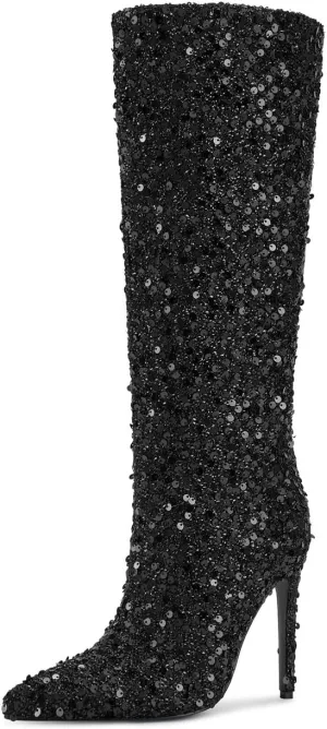 wetkiss Sequins Knee High Boots Women Pointed Toe Stiletto Heel Bling Long Tall Sparkly Boots Not for Bigger Wide Calf
