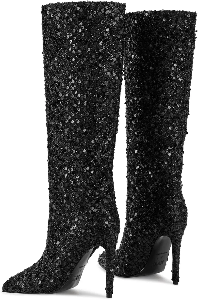 wetkiss Sequins Knee High Boots Women Pointed Toe Stiletto Heel Bling Long Tall Sparkly Boots Not for Bigger Wide Calf