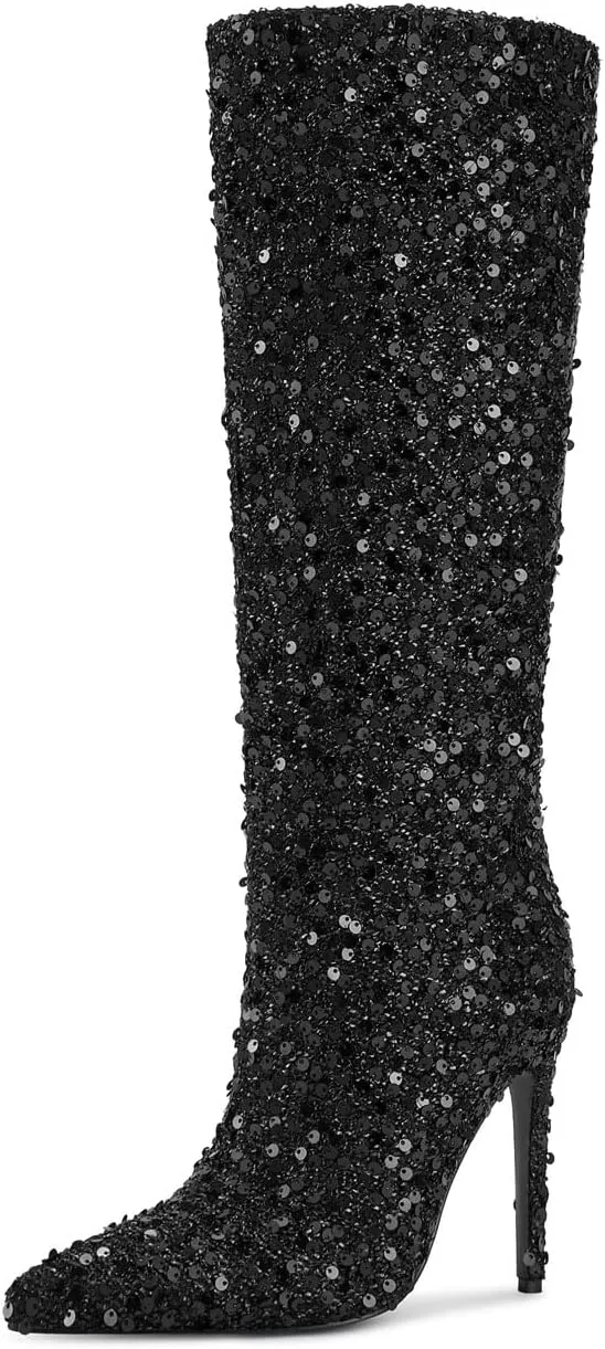 wetkiss Sequins Knee High Boots Women Pointed Toe Stiletto Heel Bling Long Tall Sparkly Boots Not for Bigger Wide Calf