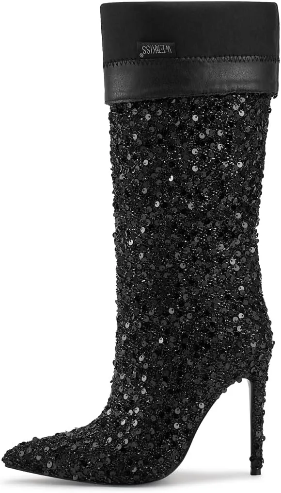wetkiss Sequins Knee High Boots Women Pointed Toe Stiletto Heel Bling Long Tall Sparkly Boots Not for Bigger Wide Calf